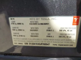 2018 Tesla Model S 75D with VIN 5YJSA1E43JF260547, listed as a IAAI auction lot 42346240 with 89,637 mi miles and . Bid and sale history available at DreamBid. Image 9.