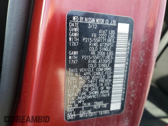 2012 Nissan Juke SV with VIN JN8AF5MV9CT119419, listed as a Copart auction lot 41824815 with Not Provided miles and Salvage Title. Bid and sale history available at DreamBid. Image 12.