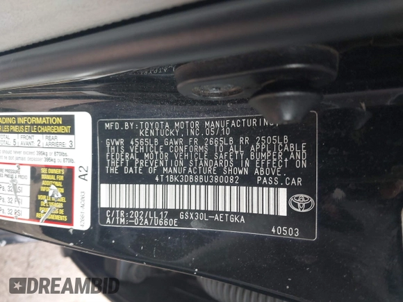 2011 Toyota Avalon with VIN 4T1BK3DB8BU380082, listed as a IAAI auction lot 41619658 with Not Provided miles and . Bid and sale history available at DreamBid. Image 9.