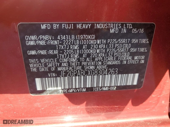 2016 Subaru Crosstrek Premium with VIN JF2GPABCXG8304263, listed as a Copart auction lot 43946915 with 116,595 mi miles and Salvage Title. Bid and sale history available at carsss.com. Image 12.