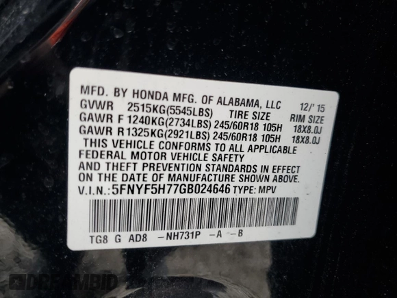 2016 Honda Pilot EX-L with VIN 5FNYF5H77GB024646, listed as a Copart auction lot 54056905 with 207,473 mi miles and Salvage title. Bid and sale history available at DreamBid. Image 14.
