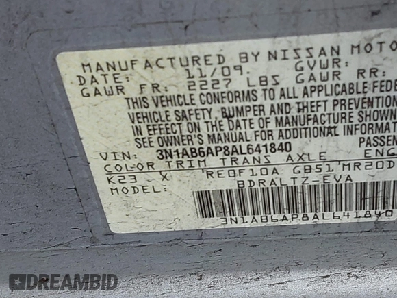 2010 Nissan Sentra S with VIN 3N1AB6AP8AL641840, listed as a IAAI auction lot 41849497 with 153,839 mi miles and . Bid and sale history available at DreamBid. Image 9.