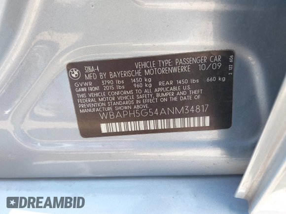 2010 BMW 3 Series 328i with VIN WBAPH5G54ANM34817, listed as a IAAI auction lot 42236730 with 121,871 mi miles and . Bid and sale history available at DreamBid. Image 9.