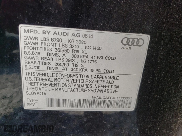 2015 Audi Q7 Premium Plus with VIN WA1LGAFE4FD003092, listed as a Copart auction lot 60500195 with 122,506 mi miles and Clean title. Bid and sale history available at DreamBid. Image 14.
