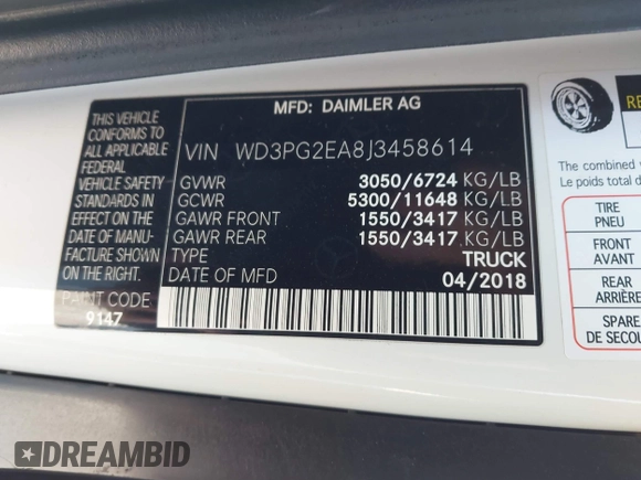 2018 Mercedes-Benz Metris Cargo with VIN WD3PG2EA8J3458614, listed as a IAAI auction lot 41424959 with 69,824 mi miles. Bid and sale history available at carsss.com. Image 9.