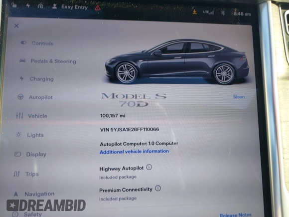2015 Tesla Model S 85D with VIN 5YJSA1E28FF110066, listed as a IAAI auction lot 40672973 with 100,157 mi miles. Bid and sale history available at carsss.com. Image 7.