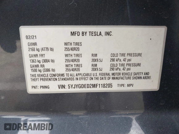 2021 Tesla Model Y Standard Range z VIN 5YJYGDED2MF118205, wystawiony jako IAAI lot #41785040 z przebiegiem 63 628 mil mil oraz . Historia ofert i sprzedaży dostępna na DreamBid. Obrazek 9.