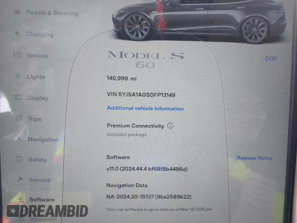 2013 Tesla Model S with VIN 5YJSA1AG5DFP13149, listed as a IAAI auction lot 42116437 with 140,999 mi miles. Bid and sale history available at carsss.com. Image 16.