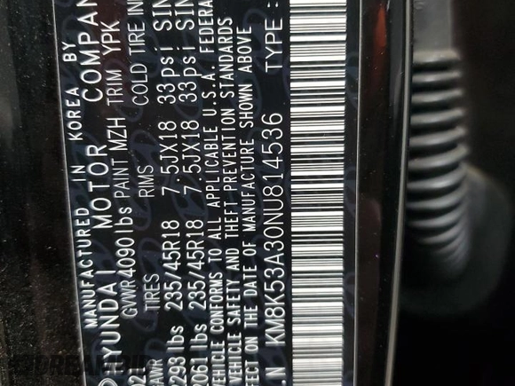 2022 Hyundai Kona Limited with VIN KM8K53A30NU814536, listed as a Copart auction lot 87874945 with 31,399 mi miles and Salvage Title. Bid and sale history available at carsss.com. Image 14.
