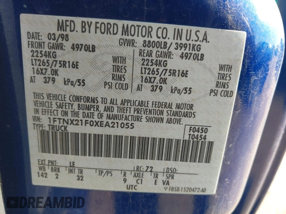 1999 Ford F-250 XL с VIN 1FTNX21F0XEA21055, выставлен на аукционе IAAI как лот 41337200 с пробегом 173 431 миль миль и . История ставок и продаж доступна на DreamBid. Изображение 9.