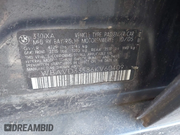 2006 BMW 3 Series 330xi with VIN WBAVD33586KV60409, listed as a IAAI auction lot 41436848 with 999,999 mi miles. Bid and sale history available at carsss.com. Image 9.