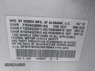 2013 Honda Pilot Touring with VIN 5FNYF4H96DB016044, listed as a IAAI auction lot 42314590 with 183,913 mi miles and . Bid and sale history available at DreamBid. Image 9.