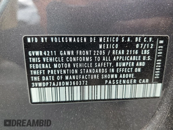2013 Volkswagen Jetta SE with VIN 3VWDP7AJ8DM360372, listed as a Copart auction lot 51796725 with 66,981 mi miles and Non repairable. Bid and sale history available at DreamBid. Image 12.