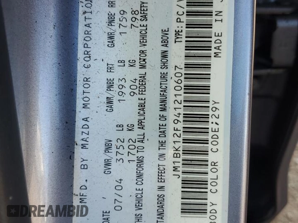 2004 Mazda 3 i with VIN JM1BK12F941210607, listed as a Copart auction lot 49387525 with 97,506 mi miles and Salvage Title. Bid and sale history available at DreamBid. Image 13.