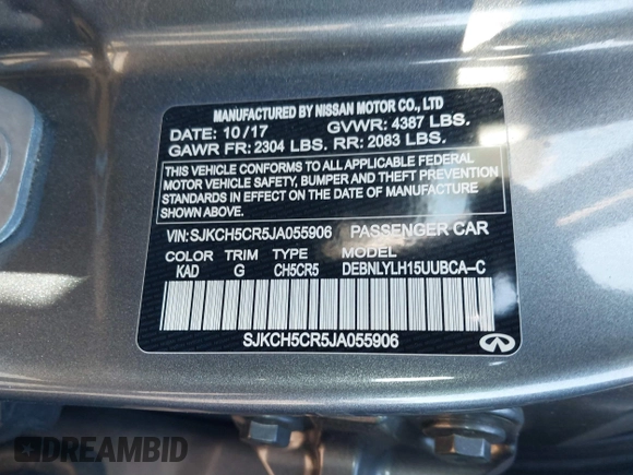 2018 Infiniti QX30 Premium with VIN SJKCH5CR5JA055906, listed as a IAAI auction lot 41336852 with 106,808 mi miles and . Bid and sale history available at DreamBid. Image 9.