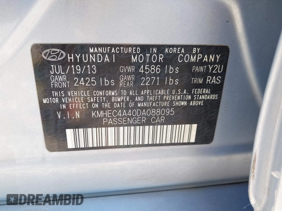 2013 Hyundai Sonata with VIN KMHEC4A40DA088095, listed as a IAAI auction lot 42195960 with 195,031 mi miles and . Bid and sale history available at carsss.com. Image 9.