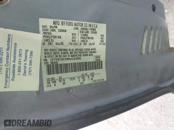 1998 Ford Ranger XL with VIN 1FTYR10C9WUC64490, listed as a IAAI auction lot 42108643 with 119,905 mi miles and . Bid and sale history available at DreamBid. Image 9.