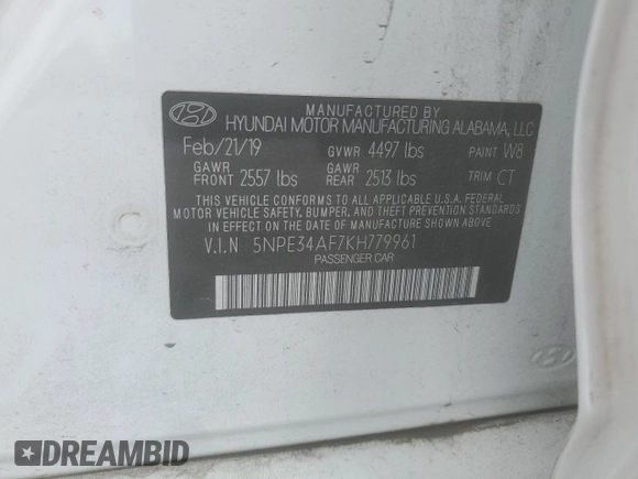 2019 Hyundai Sonata SEL with VIN 5NPE34AF7KH779961, listed as a Copart auction lot 52043225 with 77,965 mi miles and Salvage Title. Bid and sale history available at DreamBid. Image 14.