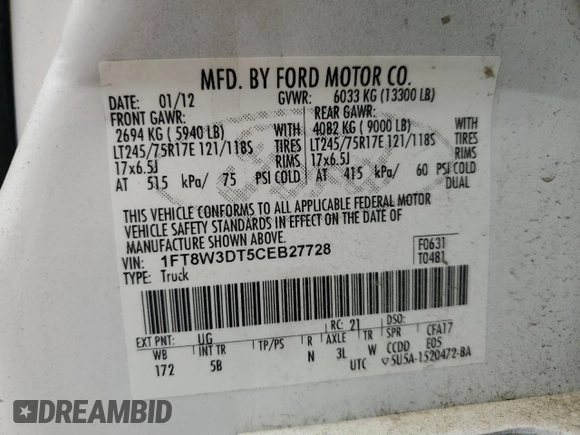 2012 Ford F-350 XL with VIN 1FT8W3DT5CEB27728, listed as a Copart auction lot 52887855 with 332,900 mi miles and Clean Title. Bid and sale history available at DreamBid. Image 12.