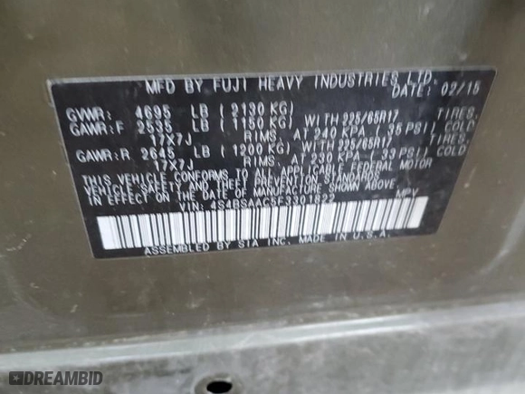 2015 Subaru Outback 2.5i with VIN 4S4BSAAC5F3301822, listed as a Copart auction lot 81167564 with 161,367 mi miles and Salvage Title. Bid and sale history available at carsss.com. Image 16.