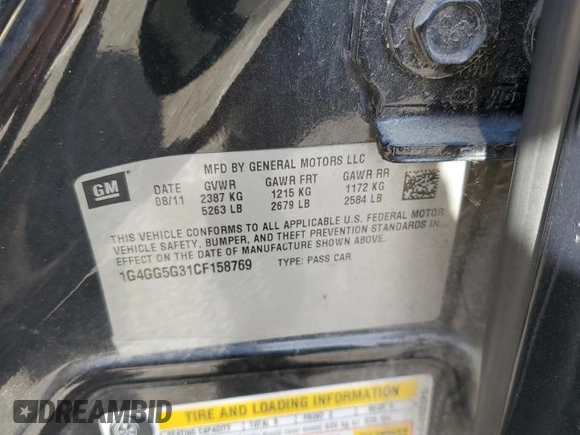 2012 Buick LaCrosse Premium 2 with VIN 1G4GG5G31CF158769, listed as a Copart auction lot 78306824 with 248,884 mi miles and Clean title. Bid and sale history available at DreamBid. Image 12.