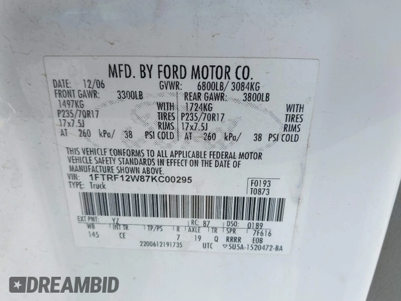 2007 Ford F-150 XL with VIN 1FTRF12W87KC00295, listed as a IAAI auction lot 41894720 with 245,671 mi miles. Bid and sale history available at carsss.com. Image 9.