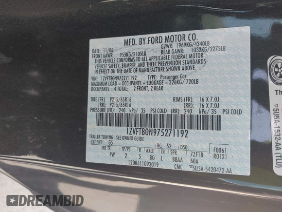 2007 Ford Mustang Deluxe с VIN 1ZVFT80N975271192, выставлен на аукционе IAAI как лот 42732940 с пробегом 230 646 миль миль и . История ставок и продаж доступна на DreamBid. Изображение 9.
