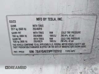 2023 Tesla Model Y Long Range with VIN 7SAYGAEE9PF702910, listed as a IAAI auction lot 42199519 with 91,094 mi miles and . Bid and sale history available at DreamBid. Image 9.