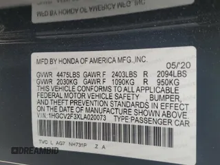 2020 Honda Accord Sport with VIN 1HGCV2F3XLA020073, listed as a Copart auction lot 57354185 with 41,649 mi miles and Salvage title. Bid and sale history available at DreamBid. Image 12.