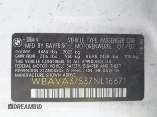 2007 BMW 3 Series 328i с VIN WBAVA37537NL16671, выставлен на аукционе IAAI как лот 42553608 с пробегом 154 319 миль миль и . История ставок и продаж доступна на DreamBid. Изображение 9.