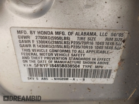 2005 Honda Pilot EX with VIN 5FNYF18485B038504, listed as a IAAI auction lot 42014126 with 178,821 mi miles. Bid and sale history available at carsss.com. Image 9.