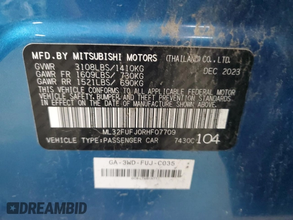 2024 Mitsubishi Mirage ES with VIN ML32FUFJ0RHF07709, listed as a Copart auction lot 66432275 with 17,950 mi miles and Clean title. Bid and sale history available at DreamBid. Image 12.