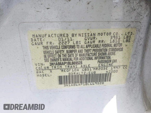 2011 Nissan Sentra 2.0 with VIN 3N1AB6AP1BL669528, listed as a IAAI auction lot 42070051 with 238,525 mi miles and . Bid and sale history available at DreamBid. Image 9.