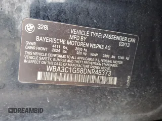 2013 BMW 3 Series 328i with VIN WBA3C1G58DNR48373, listed as a Copart auction lot 60780035 with 234,231 mi miles and Salvage title. Bid and sale history available at DreamBid. Image 12.