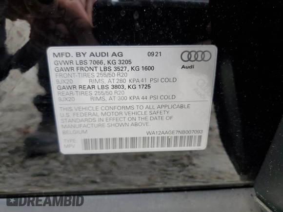 2022 Audi e-tron Sportback S line Premium Plus z VIN WA12AAGE7NB007093, wystawiony jako Copart lot #57248545 z przebiegiem 21 275 mil mil oraz Szkoda całkowita • Salvage title. Historia ofert i sprzedaży dostępna na DreamBid. Obrazek 13.
