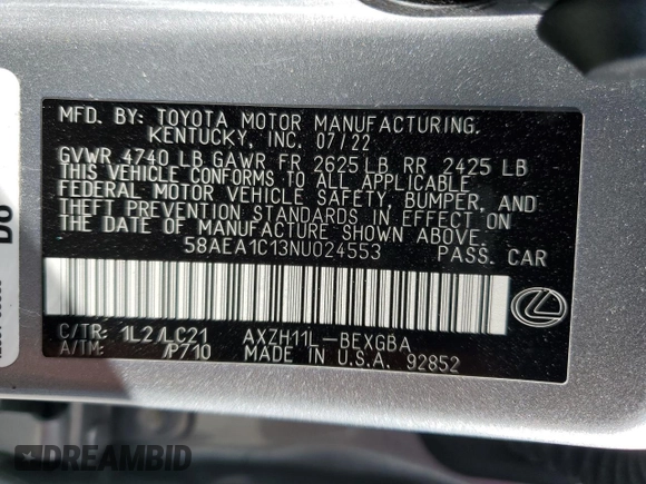 2022 Lexus ES 300h Luxury with VIN 58AEA1C13NU024553, listed as a Copart auction lot 73246074 with 48,268 mi miles and Salvage title. Bid and sale history available at DreamBid. Image 14.