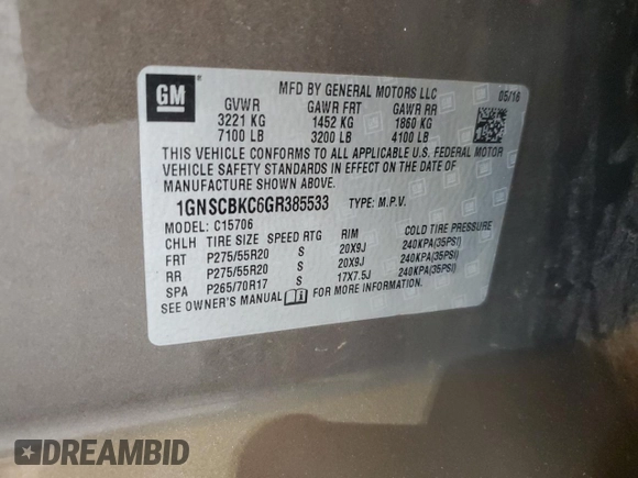 2016 Chevrolet Tahoe LT z VIN 1GNSCBKC6GR385533, wystawiony jako Copart lot #51535985 z przebiegiem 198 309 mil mil oraz Szkoda całkowita • Salvage title. Historia ofert i sprzedaży dostępna na DreamBid. Obrazek 15.
