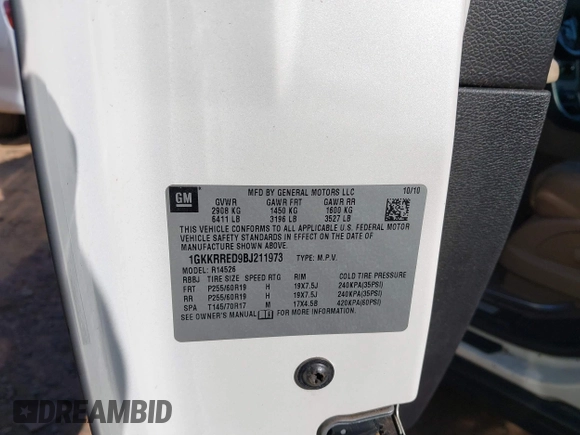 2011 GMC Acadia SLT1 with VIN 1GKKRRED9BJ211973, listed as a IAAI auction lot 41899415 with 222,347 mi miles. Bid and sale history available at carsss.com. Image 9.