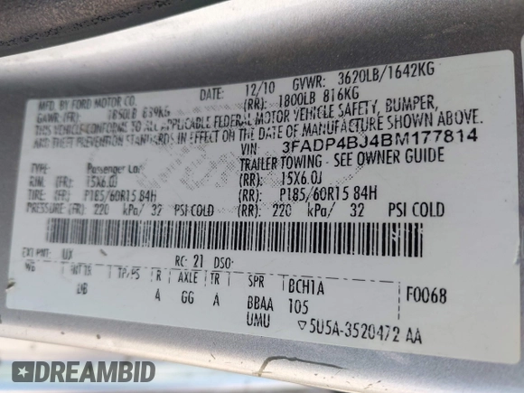 2011 Ford Fiesta SE with VIN 3FADP4BJ4BM177814, listed as a IAAI auction lot 41694964 with 180,565 mi miles. Bid and sale history available at carsss.com. Image 9.
