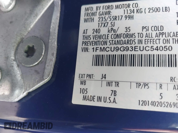 2014 Ford Escape SE with VIN 1FMCU9G93EUC54050, listed as a IAAI auction lot 42062980 with 129,015 mi miles. Bid and sale history available at carsss.com. Image 9.