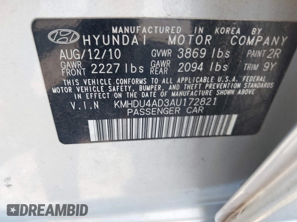 2010 Hyundai Elantra GLS with VIN KMHDU4AD3AU172821, listed as a IAAI auction lot 42479236 with Not provided miles and . Bid and sale history available at DreamBid. Image 9.
