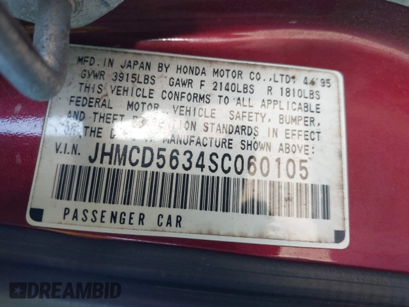 1995 Honda Accord LX with VIN JHMCD5634SC060105, listed as a IAAI auction lot 42111394 with 217,635 mi miles and . Bid and sale history available at carsss.com. Image 9.