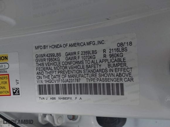 2018 Honda Accord Sedan LX 1.5T with VIN 1HGCV1F10JA231787, listed as a IAAI auction lot 40975486 with NaN miles. Bid and sale history available at carsss.com. Image 9.