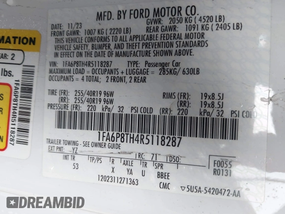 2024 Ford Mustang EcoBoost z VIN 1FA6P8TH4R5118287, wystawiony jako IAAI lot #41879332 z przebiegiem 18 301 mil mil oraz . Historia ofert i sprzedaży dostępna na DreamBid. Obrazek 9.