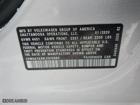 2020 Volkswagen Passat 2.0T SE with VIN 1VWSA7A35LC010983, listed as a Copart auction lot 39510503 with 51,914 mi miles. Bid and sale history available at carsss.com. Image 12.