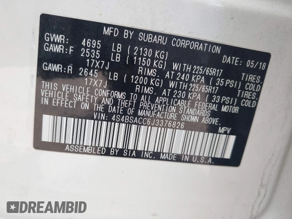 2018 Subaru Outback Premium with VIN 4S4BSACC6J3376826, listed as a IAAI auction lot 42041078 with 153,905 mi miles and . Bid and sale history available at DreamBid. Image 9.