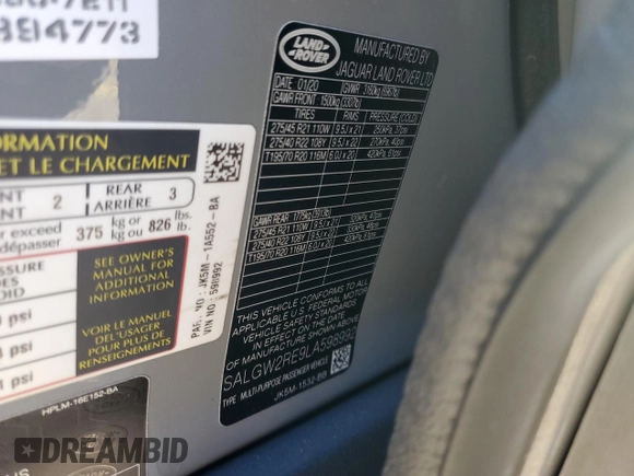 2020 Land Rover Range Rover SV Autobiography Dynamic with VIN SALGW2RE9LA598992, listed as a Copart auction lot 80763454 with 53,514 mi miles and Salvage title. Bid and sale history available at DreamBid. Image 16.