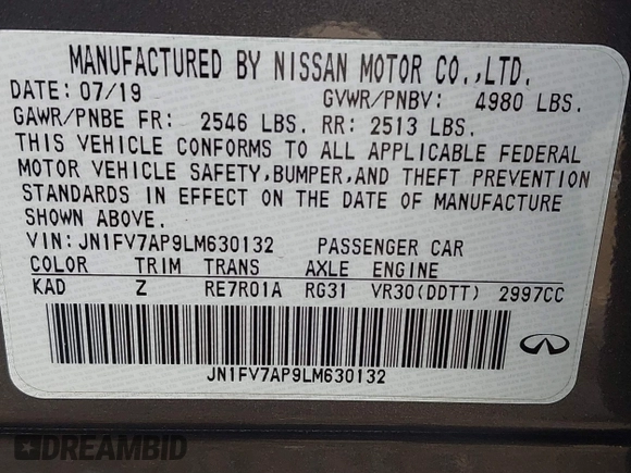 2020 Infiniti Q50 Red Sport 400 with VIN JN1FV7AP9LM630132, listed as a IAAI auction lot 41794185 with 20,049 mi miles and . Bid and sale history available at carsss.com. Image 9.