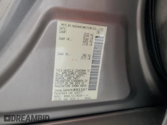 2015 Nissan Altima SL with VIN 1N4AL3APXFN895507, listed as a Copart auction lot 51756375 with 85,540 mi miles and Salvage title. Bid and sale history available at DreamBid. Image 12.