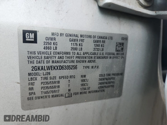 2013 GMC Terrain SLT with VIN 2GKALWEKXD6305256, listed as a Copart auction lot 62185445 with 92,451 mi miles and Non repairable. Bid and sale history available at DreamBid. Image 14.